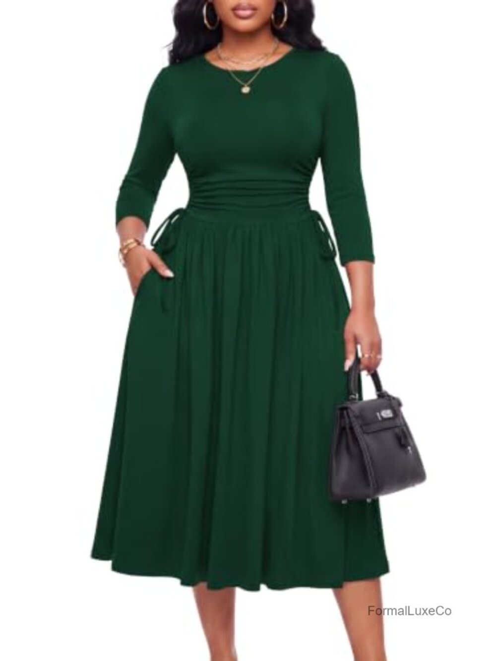 Women's Midi Dress A-Line Drawstring Waist 3/4 Sleeve Pockets Casual